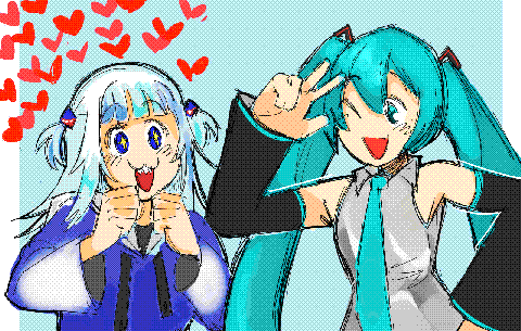 Gawr Gura is depicted with Hatsune Miku, looking starstruck with hearts flying around her