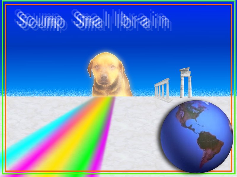 Scump Smallbrain. A puppy glows on the horizon as it casts a neon rainbow across a salt flat dotted with classical ruins.